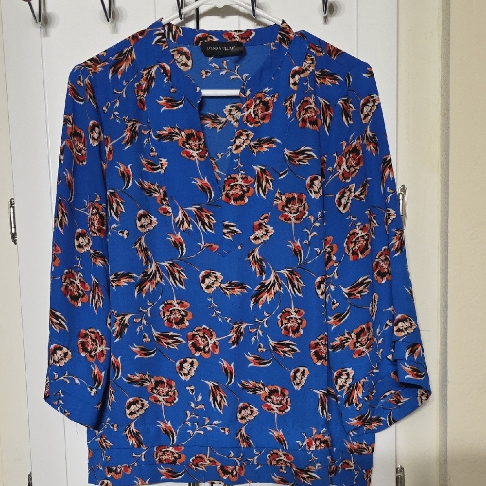 Ivanka Trump Blue and Orange 3/4 Sleeve Mandarin Collar Blouse Size S